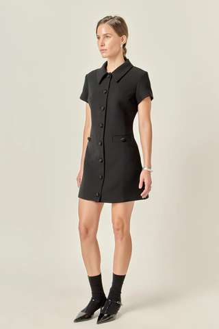 Button Collar Mini Dress,  Black