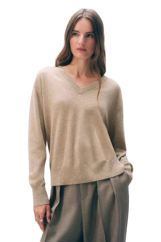 Cashmere V-Neck Sweater, Taupe Heather