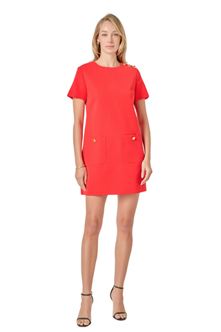Gold Button Mini Dress, Red
