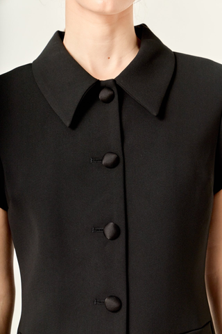 Button Collar Mini Dress,  Black