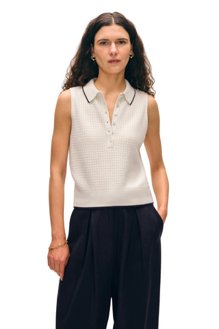 Cable Sleeveless Polo, Soft White/Deep Navy