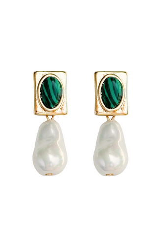 Vintage Drop Earrings, Malachite & Pearl