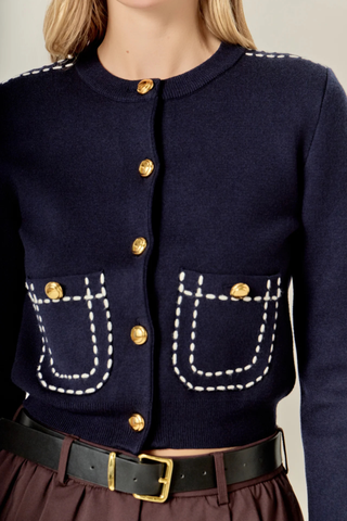 Puff Sleeve Cardigan, Navy/White