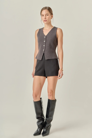 Bow Button Knit Vest, Charcoal