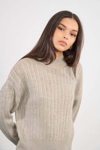 Shimmer Cable Knit Sweater, Beige
