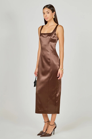 Satin Midi Dress, Espresso