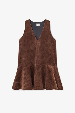 Seersucker Corduroy V-Neck Mini Dress, Chicory Coffee
