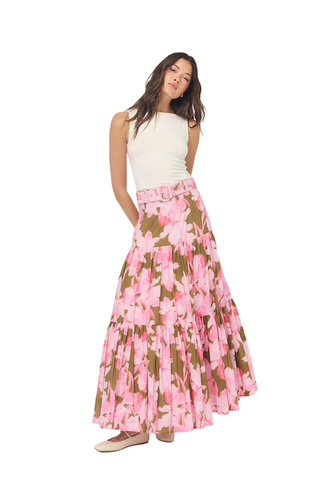 Teigan Skirt, Olive/Pink Watercolor Orchids