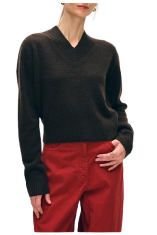 Cashmere Rib V-Neck Sweater, Dark Umber