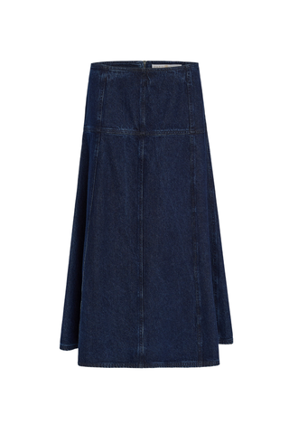 Yuko Denim Skirt in Dark Wash featuring a fitted high waist and softly flared A-line midi silhouette.