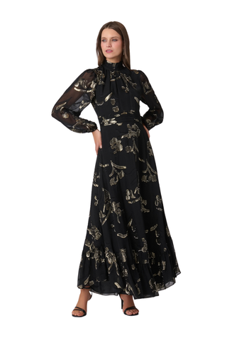 Shoshanna Langdon Dress in Jet/Gold featuring shimmering black and gold lurex chiffon, long balloon sleeves, and an asymmetrical tiered skirt.