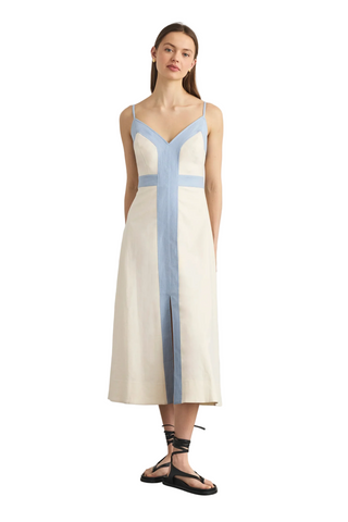 Madden Dress cream midi dress with powder blue panel detail and thin straps from Tanya Taylor