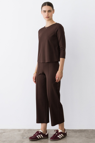 Ripley Rader 3/4 Sleeve Top in Chocolate featuring a rich brown ponte knit, square-cut silhouette, and three-quarter sleeves.