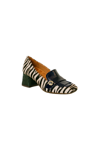 Zebra-print calf hair loafer with leather trim and a low block heel.
