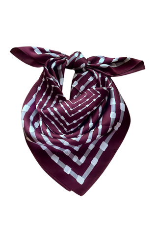 Swells Maroon + Grey 26-inch silk scarf featuring a geometric square print in deep maroon and grey tones.