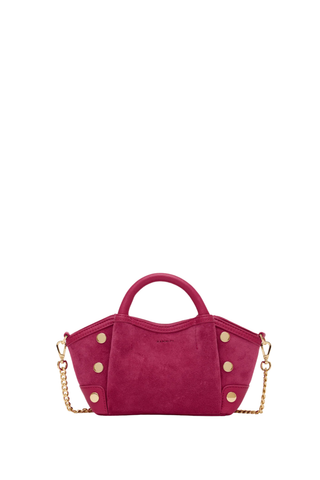 Pink handbag with gold chain and buttons on a white background