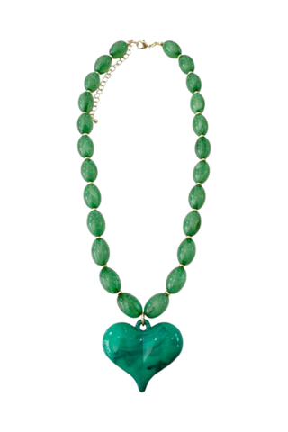 Gemelli Roxie Beaded Necklace in Green with glossy green beads and oversized heart pendant.