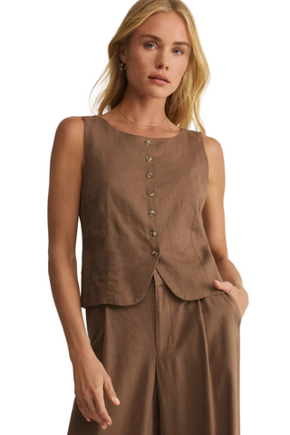 Z Supply Roman Linen Vest in Palo Santo featuring a sleeveless silhouette, button-front detail, and lightweight washed linen blend fabric