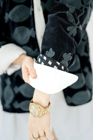 Eleanor James Brand Sgt. Pepper Crew Jacket in Black Betty featuring black velvet with tonal charcoal Suzani embroidery.