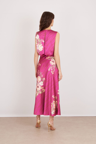 SALONI Gwen Dress in Aster Bouquet featuring a vibrant pink ground, floral detailing, sleeveless bodice, and elegant midi-length skirt.