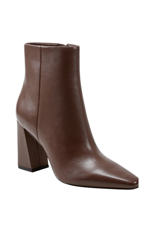 Marc Fisher LTD Yanara Bootie in dark brown leather featuring a square toe, high block heel, and sleek ankle silhouette.