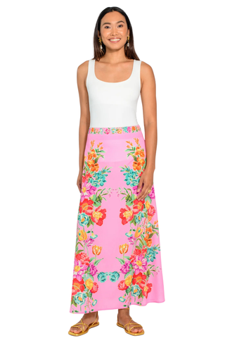 Pink floral A-line satin skirt with border print by Elizabeth James