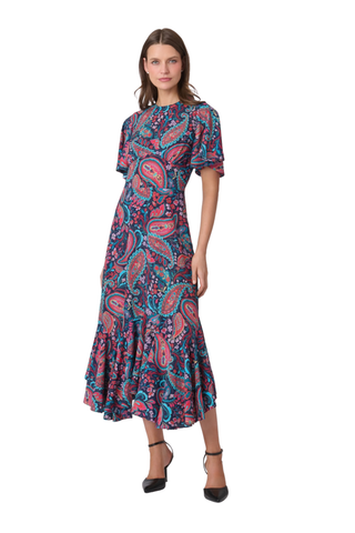 Shoshanna Mallie Dress in Multi featuring a vibrant paisley print, flutter sleeves, fitted bodice, and flowing asymmetrical hem.