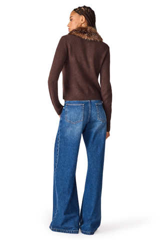 Jadie Cardigan in Dark Toffee featuring a chocolate-brown knit, statement faux fur collar, button-front closure, and fitted silhouette styled with denim.
