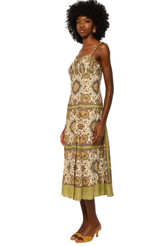 Love the Label Blaire Midi Dress in Kaleidoscope Scarf Print featuring an ornate neutral print, square neckline, and slender straps.