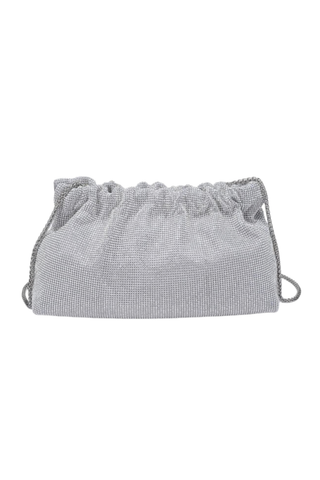 Urban Expressions Hazel Clutch in Silver featuring all-over rhinestones, a softly ruched silhouette, snap-frame closure, and detachable chain strap.