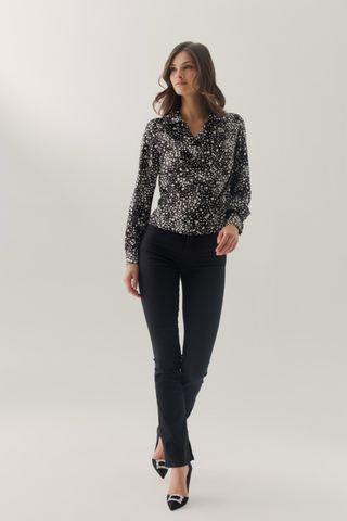 Hutch Atwell Top in Black/Ivory featuring an abstract printed fabric, collared V-neckline, long sleeves, and a relaxed silhouette.