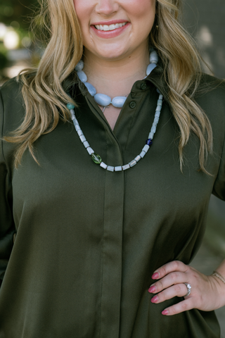 Lizzie Fortunato Sea and Sky Collar in Blue featuring chunky blue opal stones, Peruvian amazonite accents and gold-plated brass hardware.