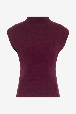 Tanya Taylor Adrien Cashmere Turtleneck in Blackberry featuring a fitted sleeveless-style silhouette with cap sleeves and a refined mock neckline.