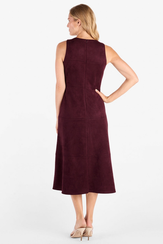 Jude Connally Blake Faux Suede Dress in Merlot featuring a sleeveless fit-and-flare midi silhouette with contrast stitching.