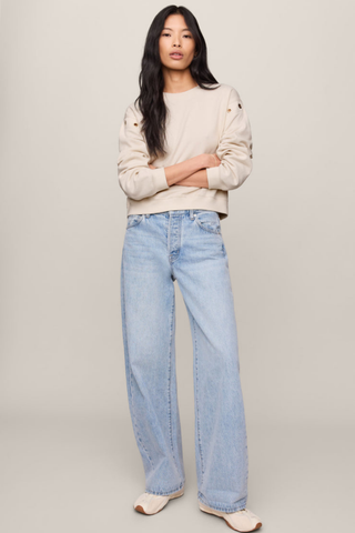 Z Supply Axel Grommet Sweatshirt in Sandstone featuring gold grommet detailing and soft French terry fabric.