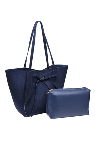 Urban Expressions Soren Tote in Midnight blue vegan suede with long shoulder straps, bow-front detail, and matching zip pouch.