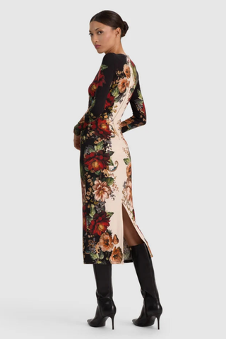 Alice + Olivia Delora Midi Dress in Floral Radiance featuring a multicolor floral print, long sleeves, and fitted midi silhouette.
