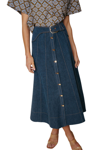 LaRoque Silvie Skirt in Dark Denim featuring a dark wash, button-front closure, high waist, pockets, and A-line midi silhouette.