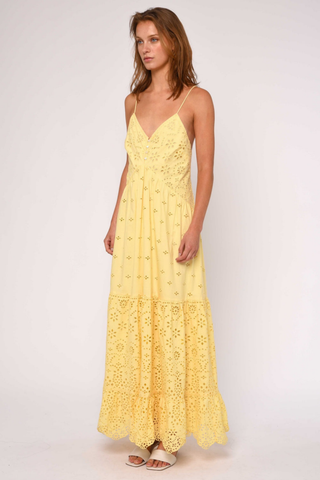Love the Label Yvonne Dress Sunlight yellow maxi dress with embroidered eyelet, spaghetti straps, and tiered scalloped hem