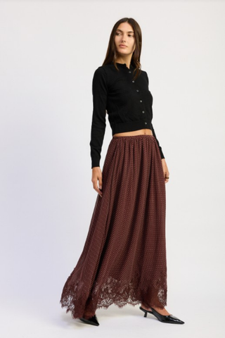Brown Crawford Maxi Skirt with flowing lace fabrication and scalloped hem.