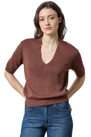 Lilla P V-Neck Elbow Sleeve Sweater in Java brown featuring a soft knit, V neckline, and elbow-length sleeves.