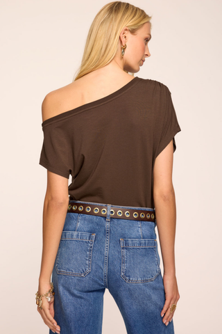 Ramy Brook Stella Top in Heritage Brown featuring an asymmetrical off-the-shoulder neckline, short sleeves, and softly draped fitted waist.