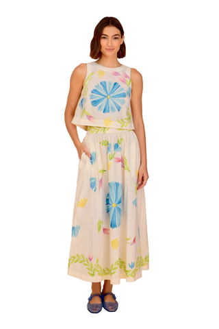 Floral midi skirt with blue and pink painted print and elastic waistband styled with matching sleeveless top