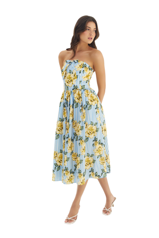 Sommer Dress blue stripe midi dress with yellow floral print and strapless neckline from Hutch