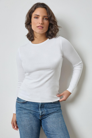 Lilla P Long Sleeve Crew in White featuring a fitted ribbed silhouette, long sleeves, and classic crew neckline.