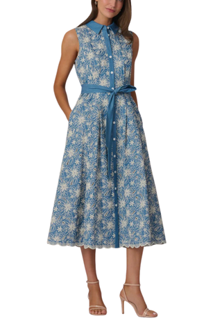 Shoshanna Kendra dress in chambray and ivory with sleeveless midi silhouette