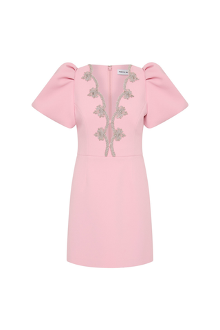 Rebecca Vallance Harlynn Mini Dress in pink with puff sleeves and diamante trim neckline