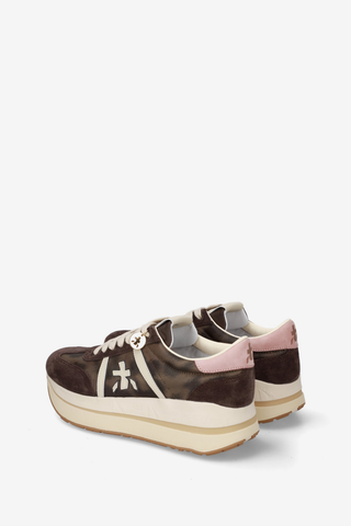 Premiata Beth Coin 8500 Sneaker in chocolate brown with blush accents, signature logo detailing, lace-up closure, and chunky platform sole.