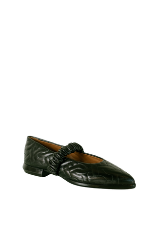 Homers Caty Ballet Flat in Black, a pointed toe black ballet flat with a Mary Jane strap and metallic buckle detail.