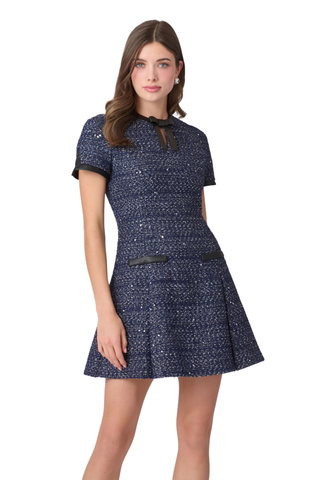 Shoshanna Alex Dress in navy and silver featuring a metallic finish, short sleeves, fitted bodice, and flared mini skirt.